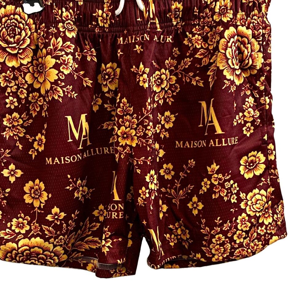 Maison Allure Men’s Athletic Mesh Shorts M Brown/Gold Floral Drawstring Waist
